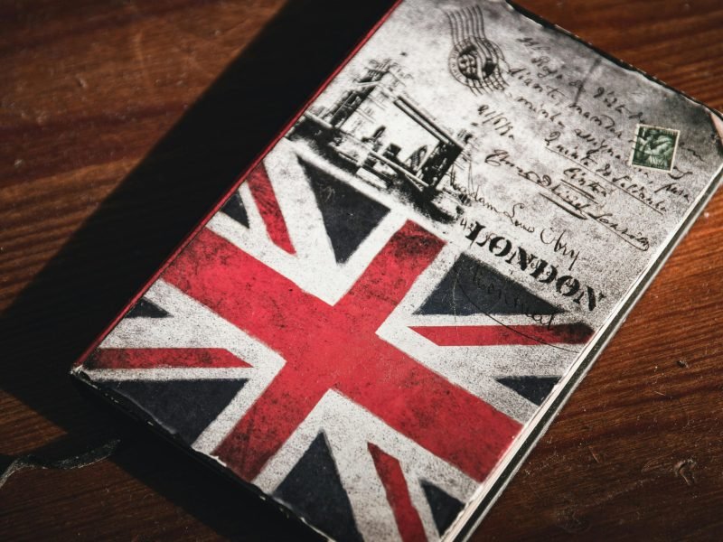 A close-up of a vintage notebook featuring the Union Jack and London postcard imagery on a wooden table.